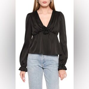 NWT - WAYF Candace Long Sleeve Chiffon Top In Black - Size M